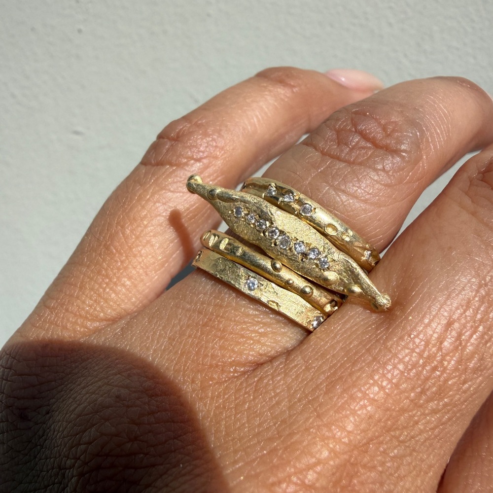 Rustic  Gold Ring Set or 4 with Diamonds